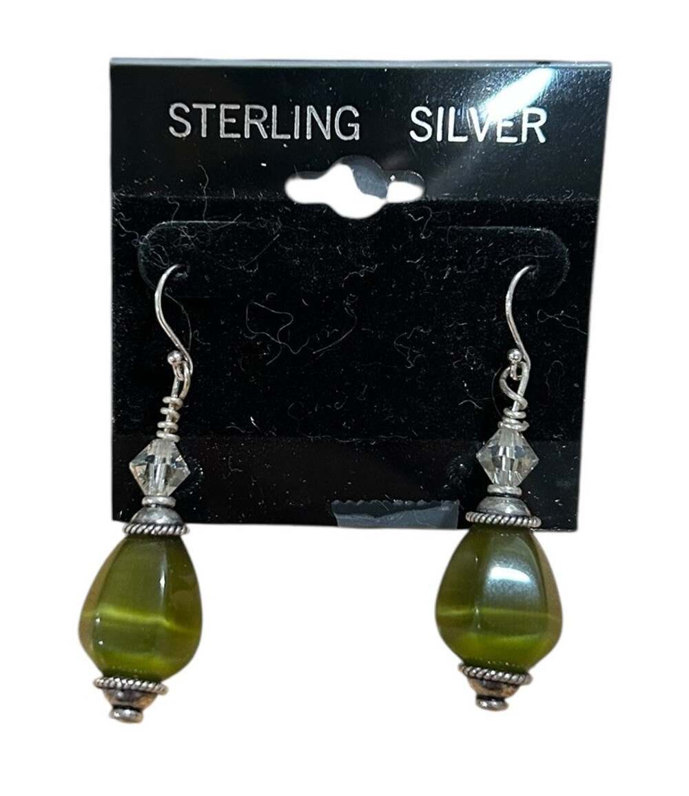 Handmade Sterling Silver Pierced Earrings with Green Teardrop Beads
